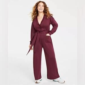 On 34th Women's Maroon Knit V-Neck Long Sleeve Wide Leg Jumpsuit - XXL
